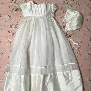 Christening Gown and Hat New Vintage Baptism Dress Silk and Organdy NWOT